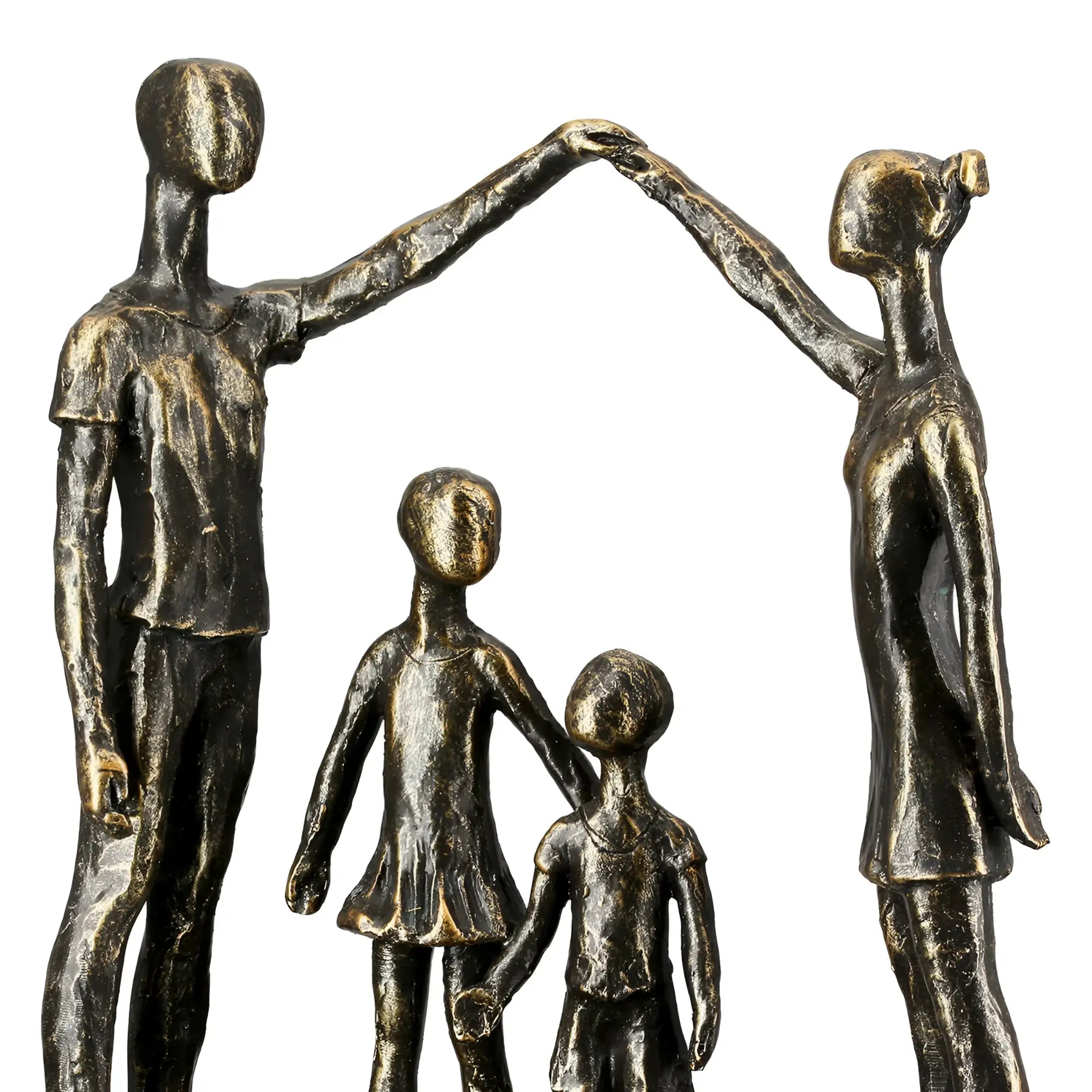 Bronze farbene familienfigur skulptur aus kunstharz mit abstrakten menschenformen die hände haltend einen bogen bilden