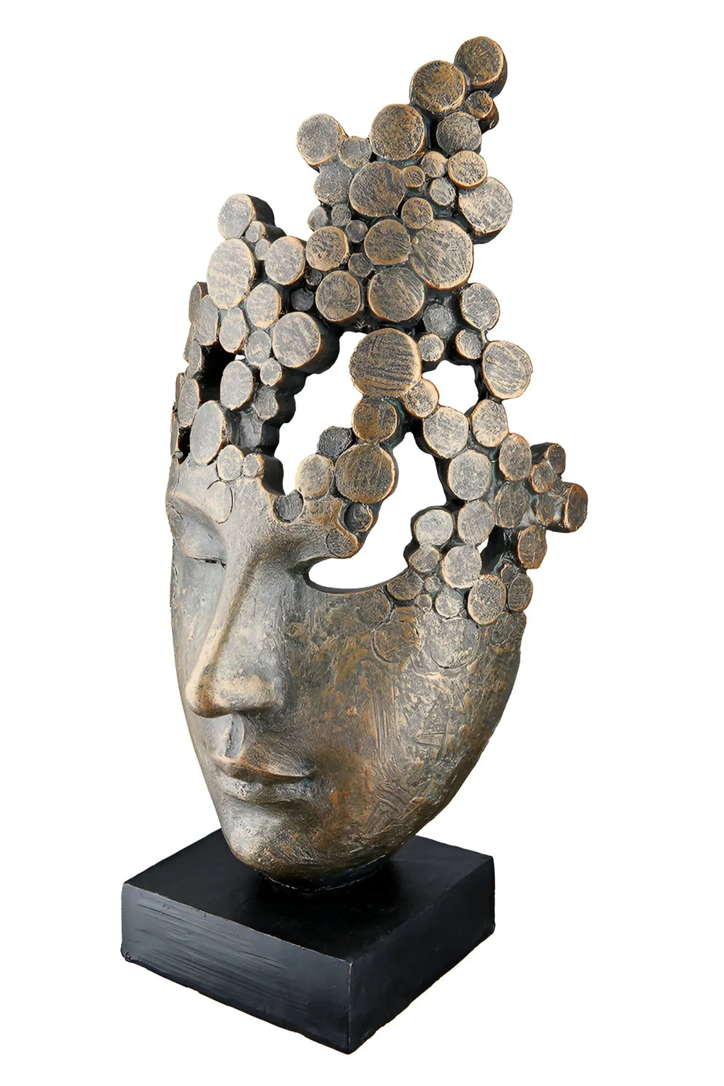 Bronze-tonfarbene abstracte gesichtsskulptur female mask aus kunstharz mit kreisförmigen akzenten auf schwarzem sockel