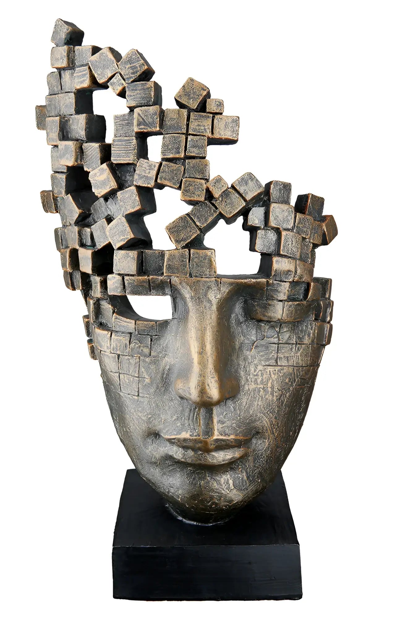 Bronze farbene abstrakte gesichtsskulptur aus kunstharz mit würfelförmiger mosaik auf schwarzem sockel von gilde