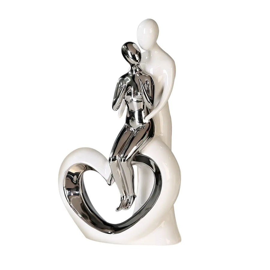 Skulptur: Paar „Romanze“ • Keramik • Silber & Weiß • 33,5x19,5 cm • Gilde - Skulptur
