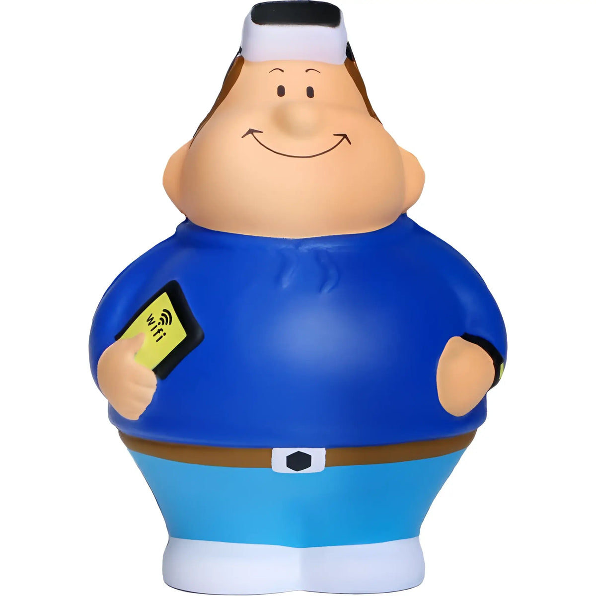 Smart bert anti-stress-figur stressball in blau und hellblau mit weißem stirnband hält gelbe wifi-karte