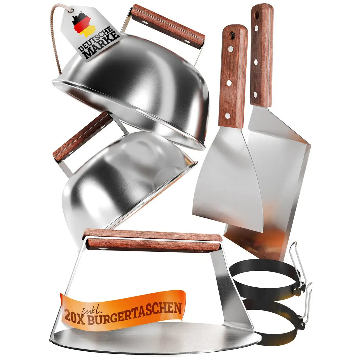 Smash Burger Master-Set XXL 9-TLG. Edelstahl mit Akazienholz-Griffen für Plancha, Grillplatte, Gasgrill & Feuerplatte