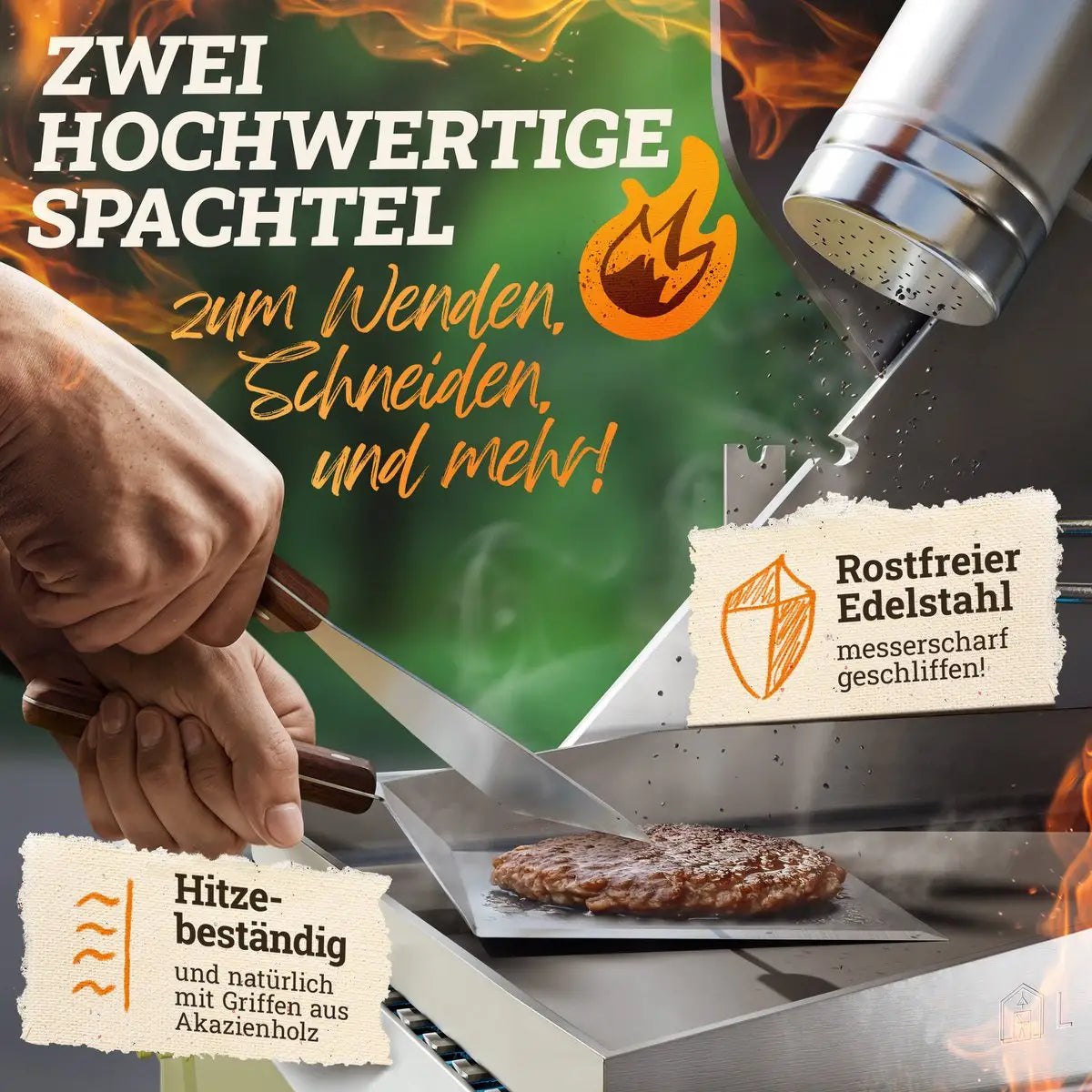 Smash Burger Master-Set XXL 9-TLG. Edelstahl mit Akazienholz-Griffen für Plancha, Grillplatte, Gasgrill & Feuerplatte
