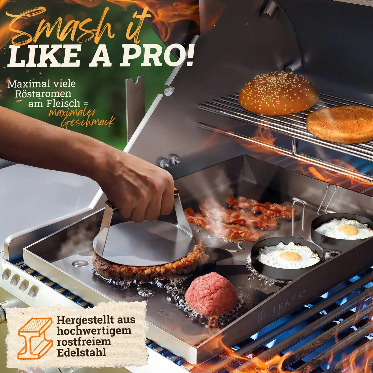 Smash Burger Master-Set XXL 9-TLG. Edelstahl mit Akazienholz-Griffen für Plancha, Grillplatte, Gasgrill & Feuerplatte