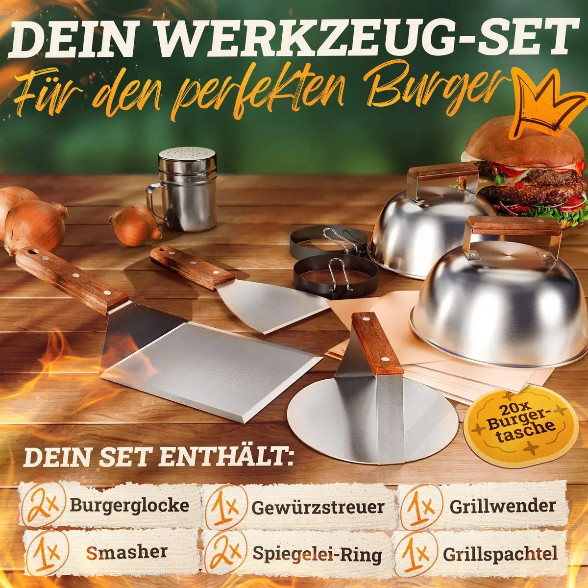 Smash Burger Master-Set XXL 9-TLG. Edelstahl mit Akazienholz-Griffen für Plancha, Grillplatte, Gasgrill & Feuerplatte