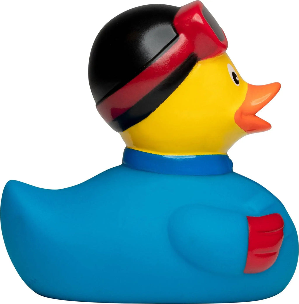 Gelbe quietsche-ente mit schwarzem helm und blauem snowboard-anzug als snowboarder badeente
