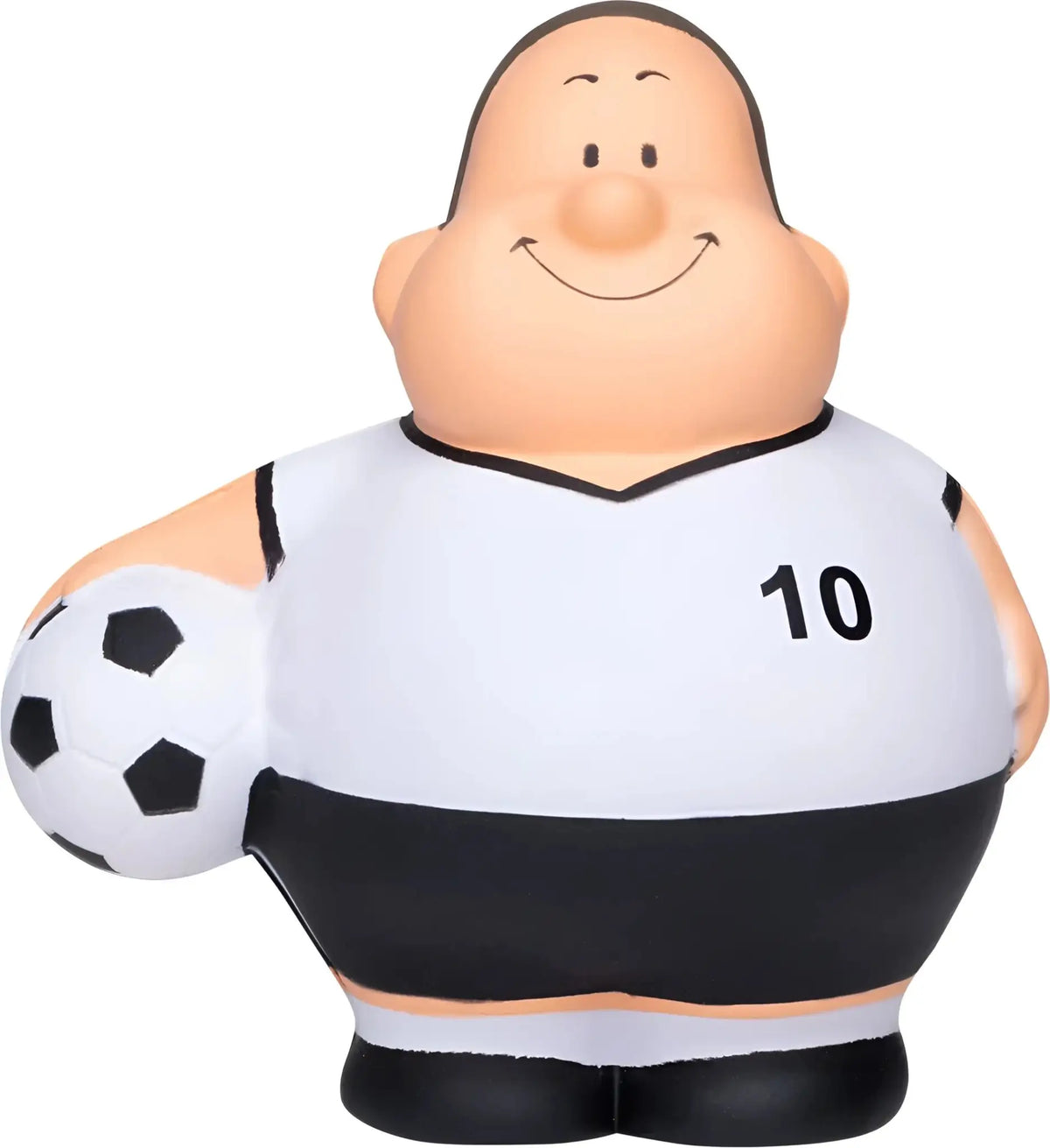 Ein fröhlicher cartoon fussballspieler quetschfigur in weiß schwarz mit nummer 10 hält schwarzen weißen fußball