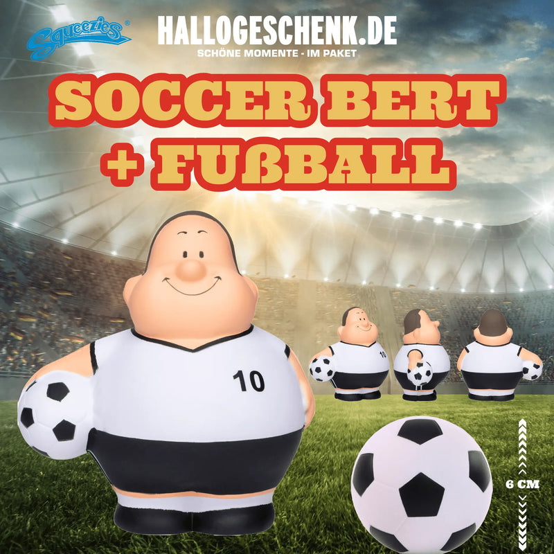Plüsch soccer bert figur mit weiß schwarzem trikot nummer 10 und classic schwarz weißem fußball als anti stress spielzeug