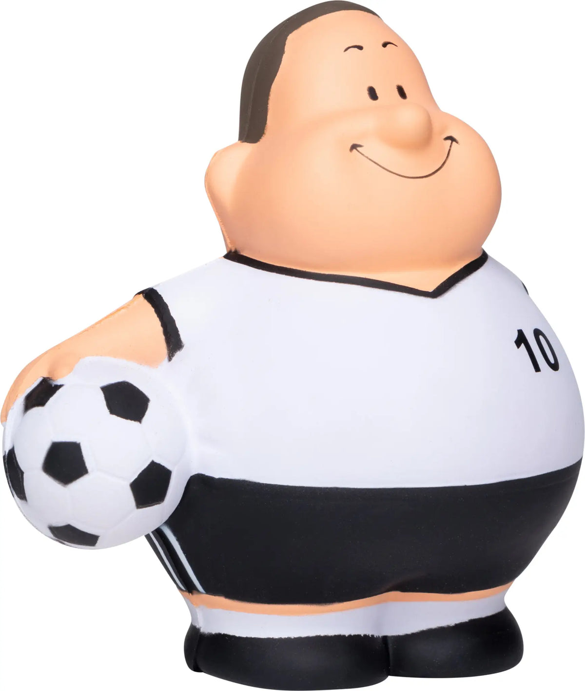 fröhliche cartoon fußballspieler quetschfigur in weiß schwarzem trikot nummer 10 mit klassischem fußball