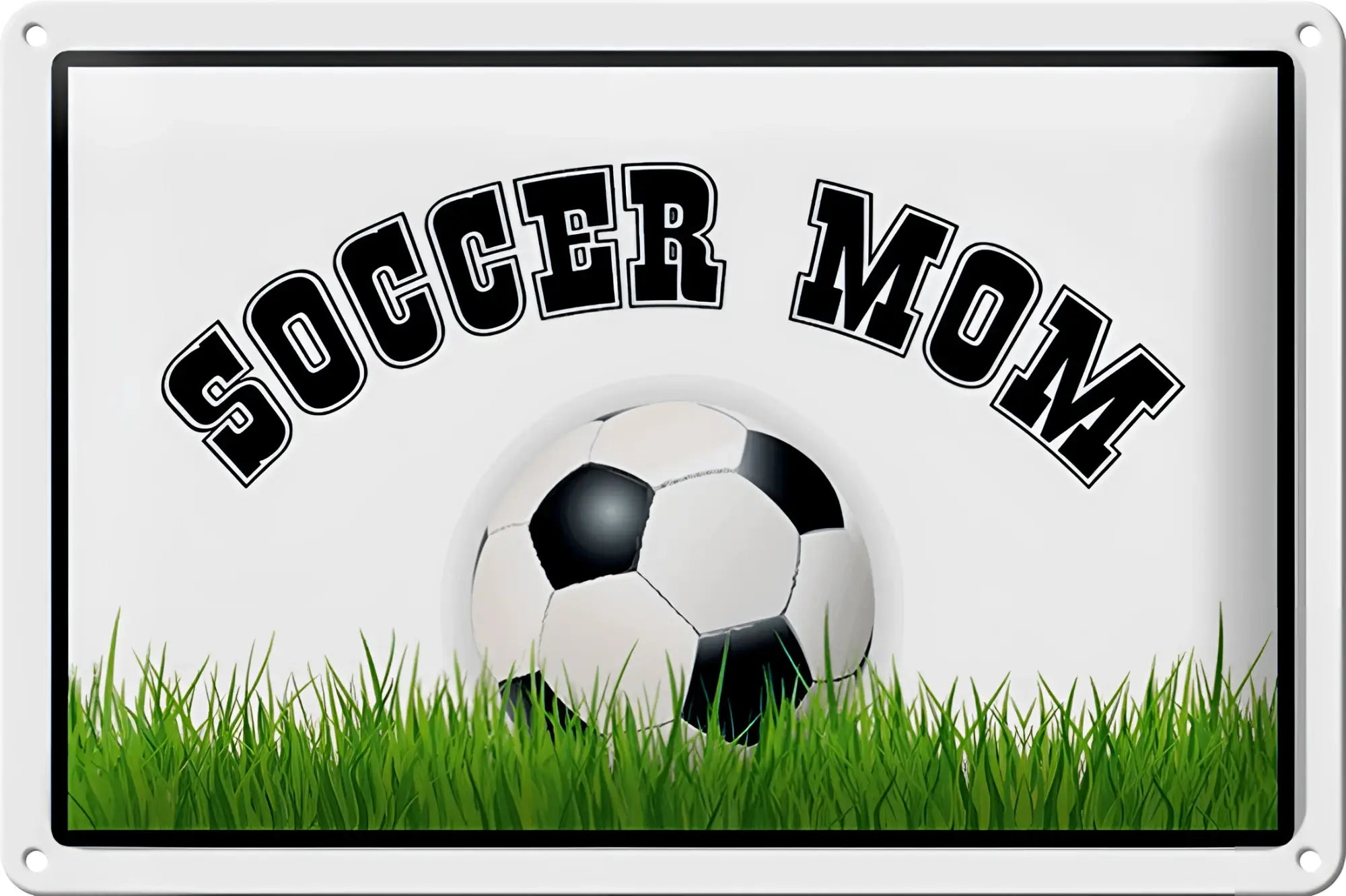 Weiß schwarzer fußball mit klassischen pentagon und hexagon panels liegt auf grünem gras unter soccermom blechschild 20x30cm