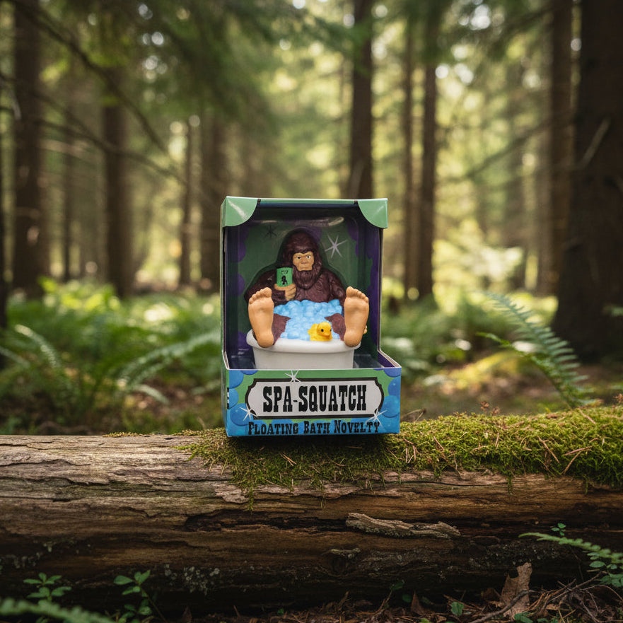 Spa-squatch gummiente mit lila fell und braunem bart in weißer badewanne mit blauen bubbles und grünem yeti-becher