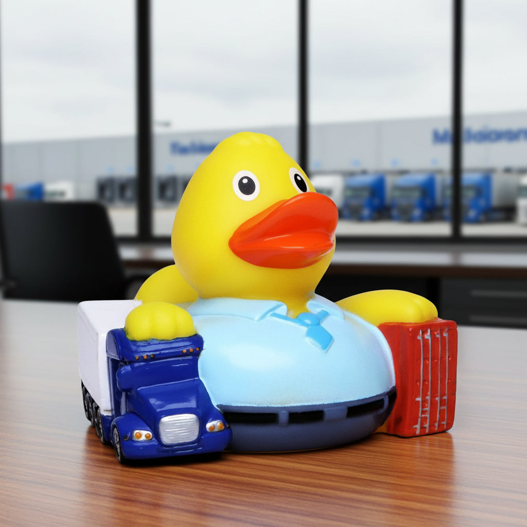 Gelbe quietsche-ente mit blauem hemd und schleife vor blau-weißem spielzeug-lkw im spedition und logistik thema