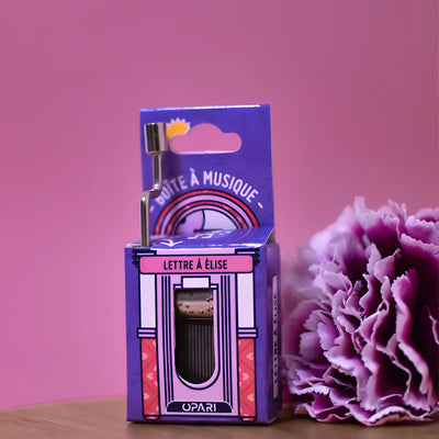 Violett und pink verpackte spieluhr mit silberner kurbel und lettre à élise design von opari