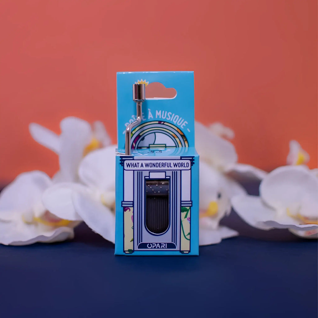 Kleine blaue und weiße spieluhr mit silberner kurbel zum abspielen von what wonderful world von louis armstrong