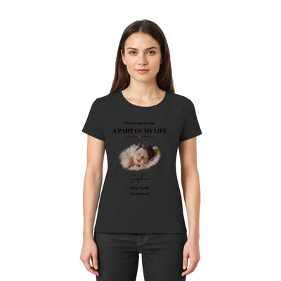 Schwarzes kurzarmshirt splash mid mit babyfoto und dem Text day you became part von my life aus der statement-collection