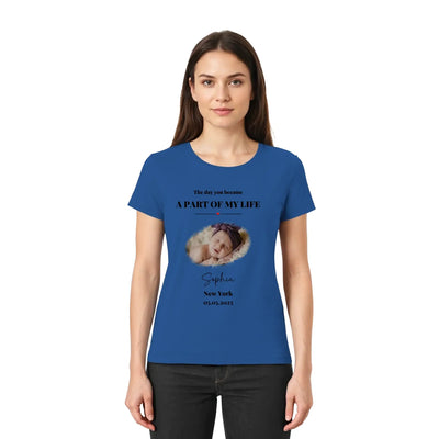 Blaues baumwollshirt mit babyfoto und Text day you became part von my life sophia new york 05.03 splash mid
