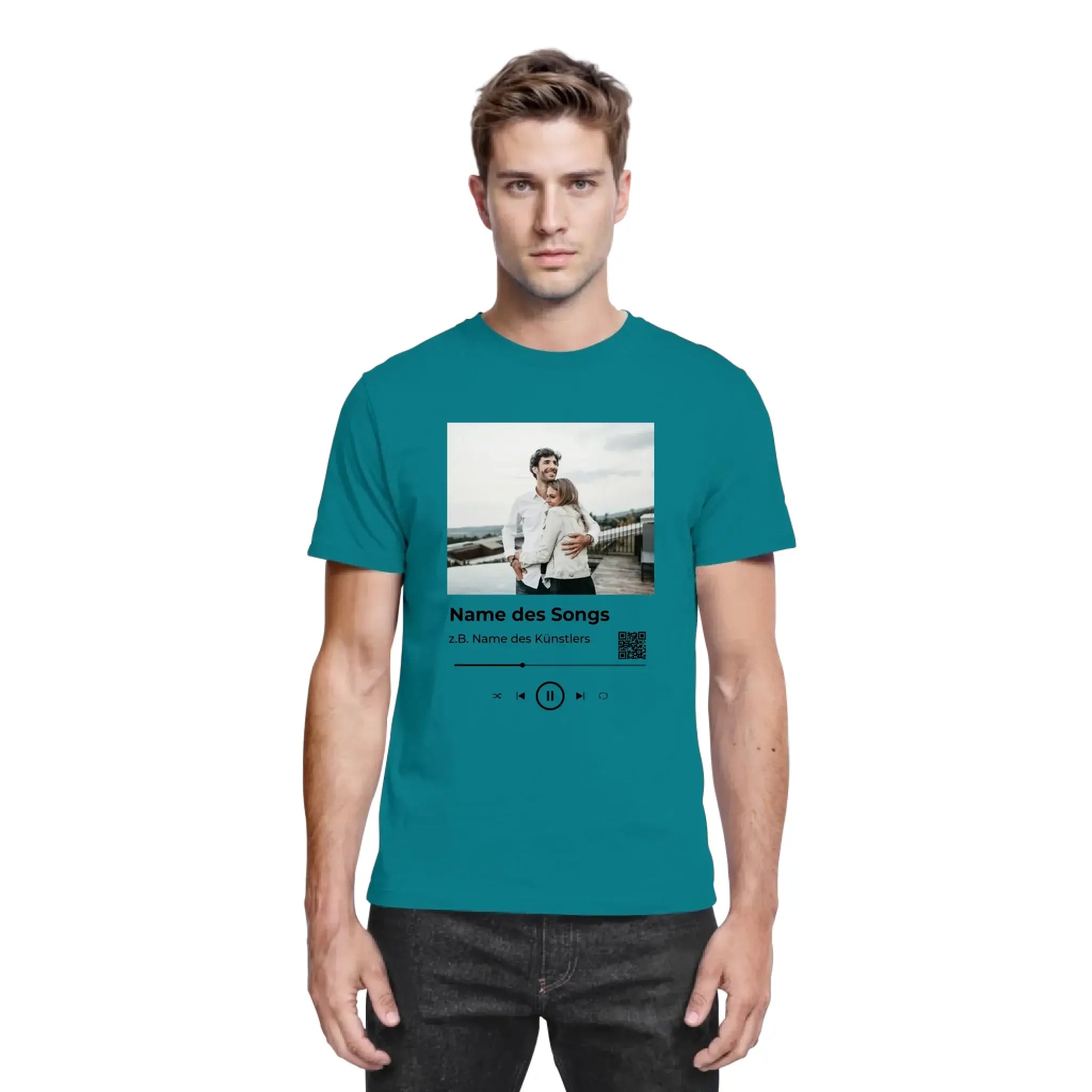 Petrolfarben baumwoll t-shirt mit spotify fotomotiv print eines paars auf musik player interface mit song und artist text