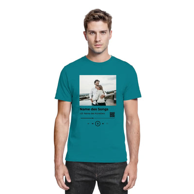 Petrolfarben baumwoll t-shirt mit spotify fotomotiv print eines paars auf musik player interface mit song und artist text
