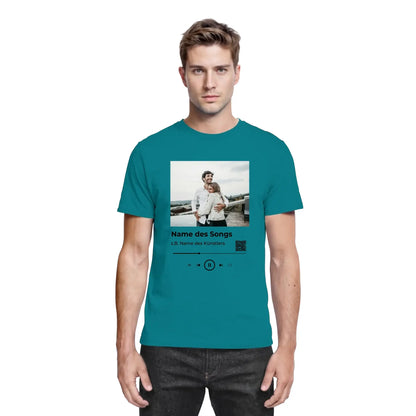 Petrolfarben baumwoll t-shirt mit spotify fotomotiv print eines paars auf musik player interface mit song und artist text
