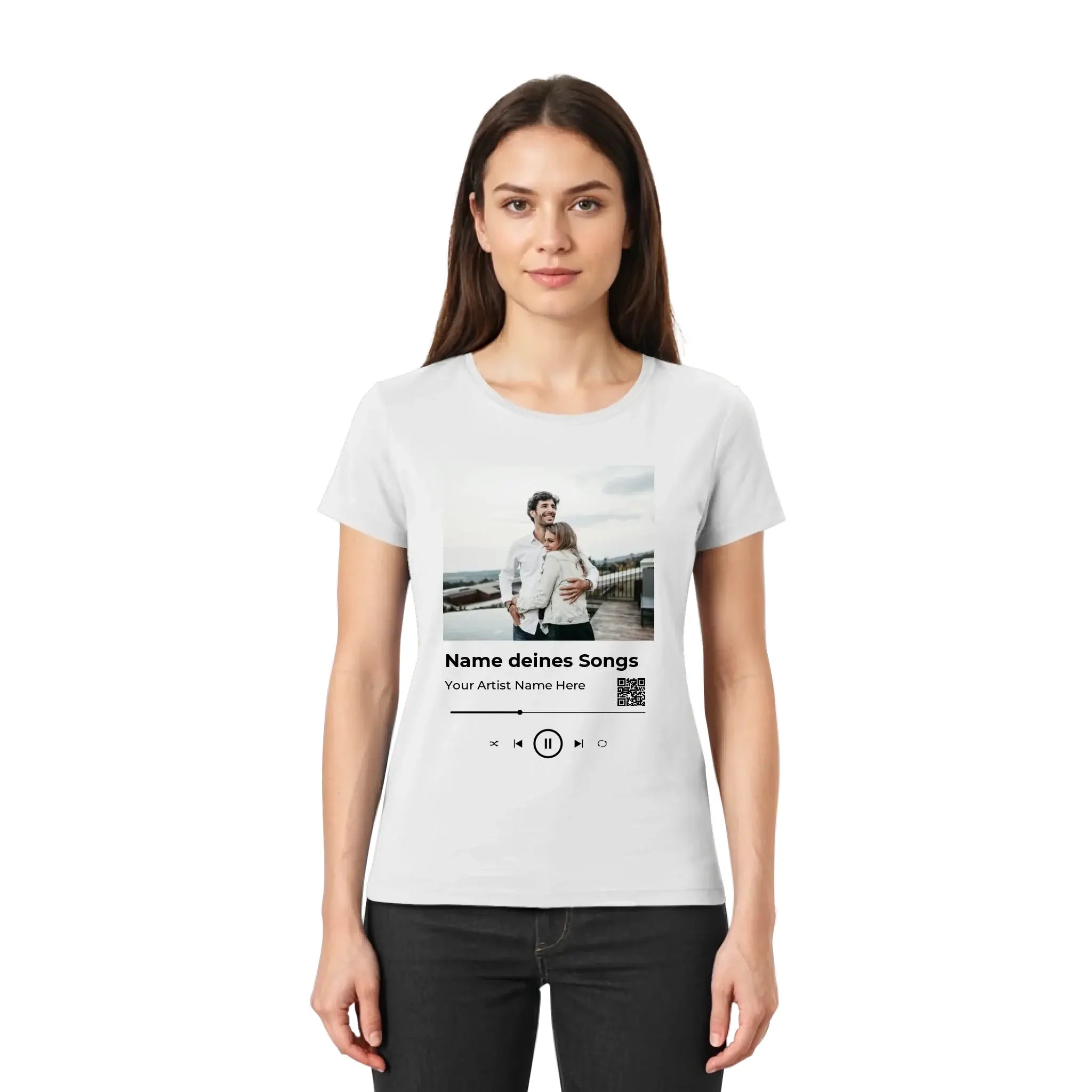 Weiße kurzarmshirt mit anpassbarem spotify musikplayer design foto platzhalter und steuerung aus der statement collection