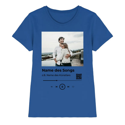Royal blaue damen t shirt mit kurzem arm und anpassbarem fotodruck im spotify musik player design