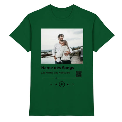 Dunkelgrünes baumwoll t shirt mit fotodruck eines paares als musikplayer design aus der spotify fotomotiv kollektion