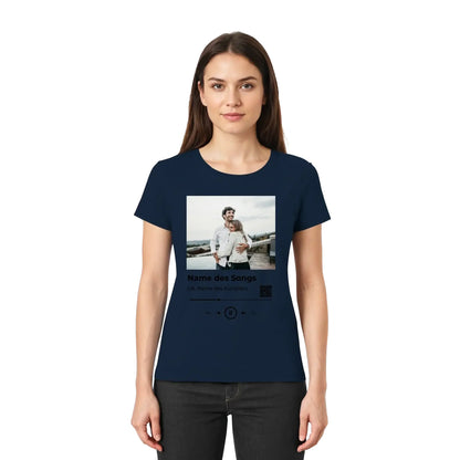 Navyblaue damen t shirt mit spotify fotomotiv print couple auf musik player interface mit wunschtext