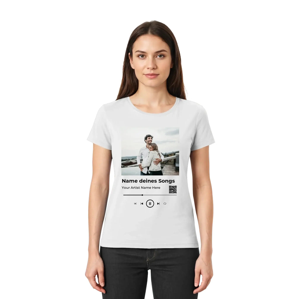 Weiße kurzarm t-shirt mit anpassbarem spotify musikplayer design und fotoplatzhalter aus der statement-collection