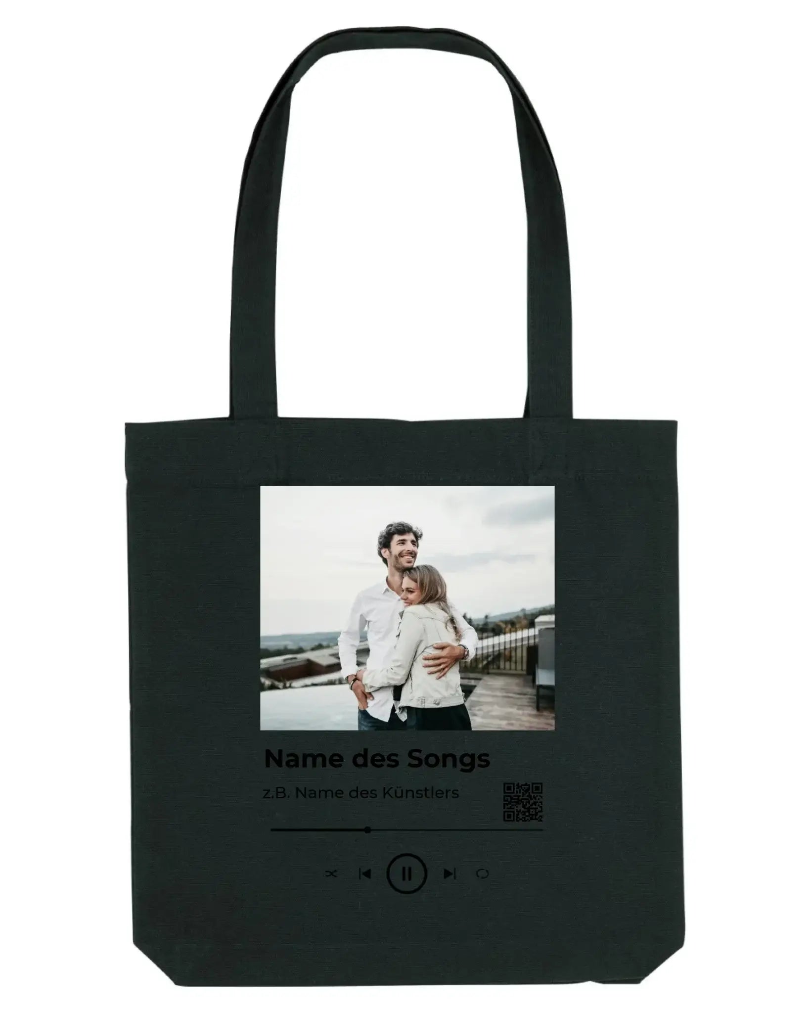 Schwarze leinwandtasche mit fotodruck zweier menschen umarmung und musikplayer text spotify fotomotiv collection