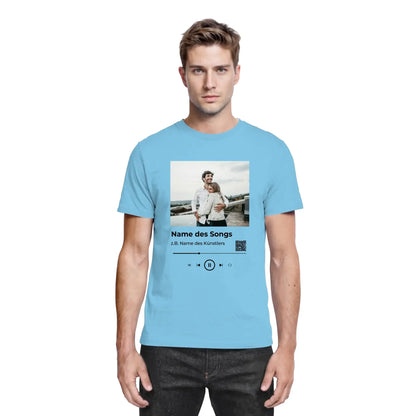 Hellblaues baumwollshirt mit anpassbarem spotify musikplayer design foto songtitel artist name und steuerung
