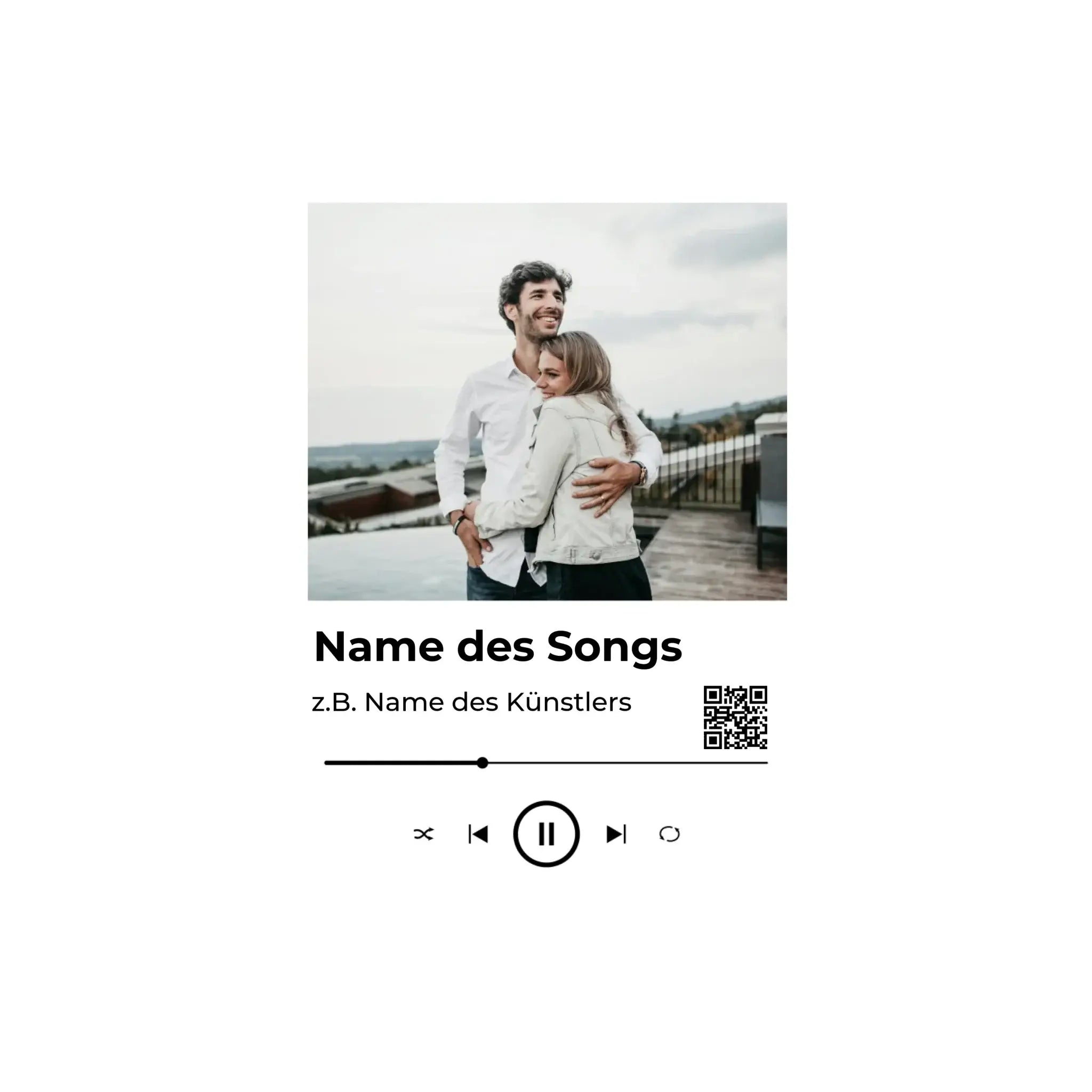 Minimalistischer spotify-fotomotiv musikplayer mit foto eines umarmenden paars und schwarzen textbeschriftungen