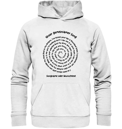 Weißer kapuzenpullover mit schwarzem spiraltext-design von der spotify-motiv 1 statement-collection