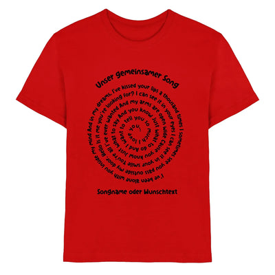 Rotes cotton t-shirt mit schwarzem spiralgrafik und text auf deutsch und englisch aus der spotify-motiv kollektion