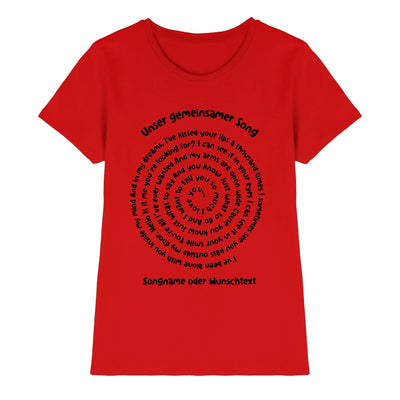 Ein rotes damen t shirt mit kurzarm aus der statement collection mit schwarzem kreis text spotify motiv und song lyric swirl
