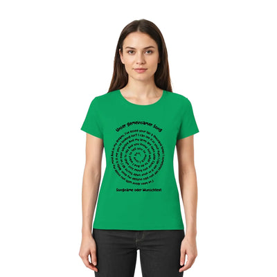 Grünes kurzarmshirt mit schwarzem text und kreisförmigem design unser gemeinsamer song spotify motiv 1