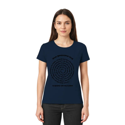Navyblaue kurzarm damen t shirt mit schwarzem spiral text design aus der spotify motiv statement collection