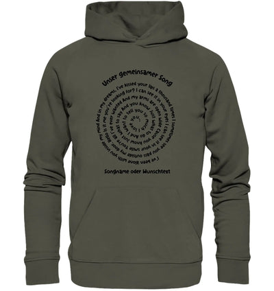 Olivegrüner hoodie mit kapuze und schwarzem spiralförmigem textdruck auf der rückseite aus der spotify motiv kollektion