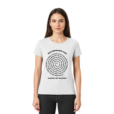 Leichte hellgraue damen t shirt mit schwarzem spiralen text unser gemeinsamer song spotify motiv statement collection