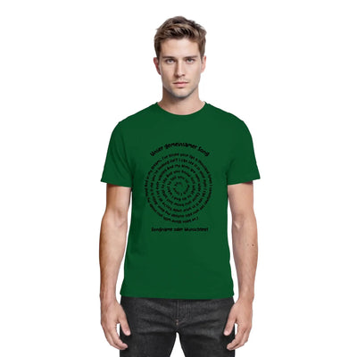 Dunkelgrünes baumwoll t-shirt mit schwarzem kreisdesign und spotify motiv unser gemeinsamer song spiraltext