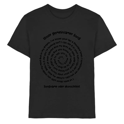 Schwarzes baumwoll-t-shirt mit spiraltext-design in konzentrischen kreisen aus der spotify-motiv statement-collection
