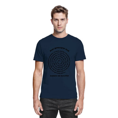 Navyblaues baumwoll t shirt mit schwarzem spiraltxt design unter gendarmenmarkt und deutschen songtexten