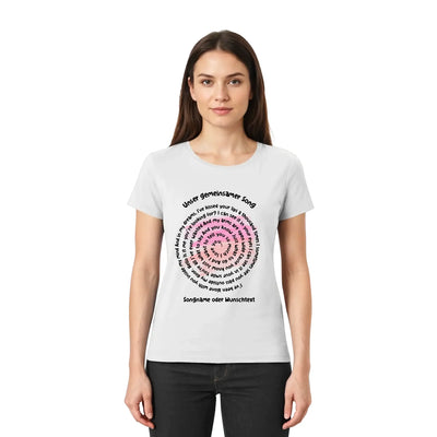 Lightgraues kurzarmshirt mit spiralförmigem spotify-motiv in schwarz und pink aus der statement-collection