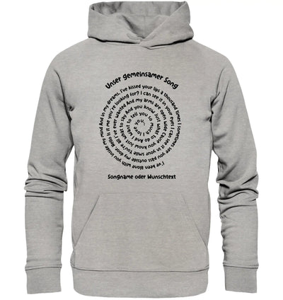 Grauer hoodiesweater mit kreisförmigem schwarzen textdesign aus der spotify motiv 1 statement collection