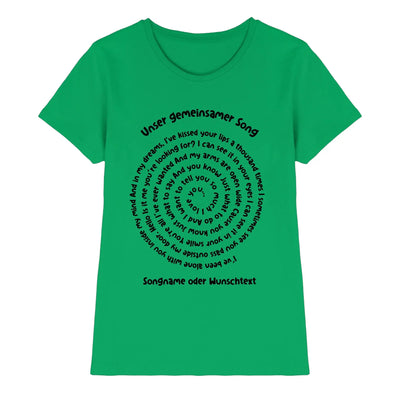 Grünes damen kurzarm t-shirt mit schwarzem spiralttext print aus der spotify motiv statement collection
