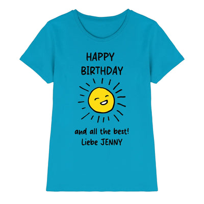bright turquoise women’s short-sleeved t-shirt aus der spotify-motiv 2 collection mit gelb lächelnd sun und happy birthday liebe jenny Text