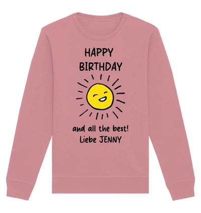 Rosa langärmeliges sweatshirt mit gelber sonnengrafik und Text happy birthday und all best liebe jenny aus der spotify-motiv 2 statement-collection