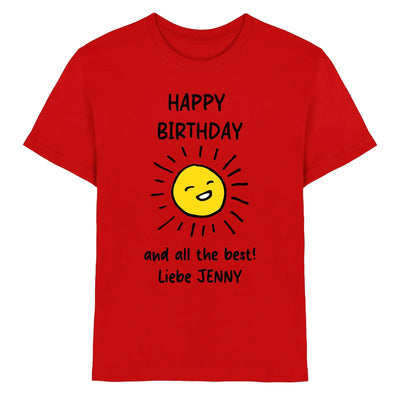 Rotes cotton t shirt mit fröhlicher gelber sonne und schwarzem Text happy birthday und all best liebe jenny