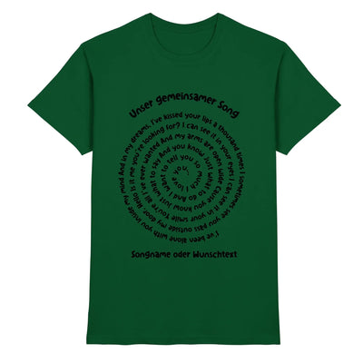 Dunkelgrünes baumwollshirt mit schwarzem spiralmotiv und text auf deutsch und englisch spotify-motiv 2