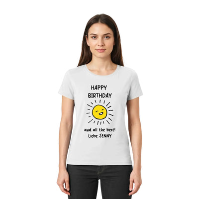 Weiße kurzarm t shirt mit gelber lachender sonnengrafik und schwarzem happy birthday text aus der spotify motiv 2 collection