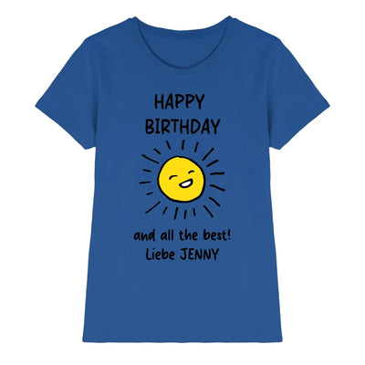 Blaues damen kurzarmshirt mit fröhlicher gelber sonne und Text happy birthday und all best liebe jenny aus der spotify-motiv 2 kollektion